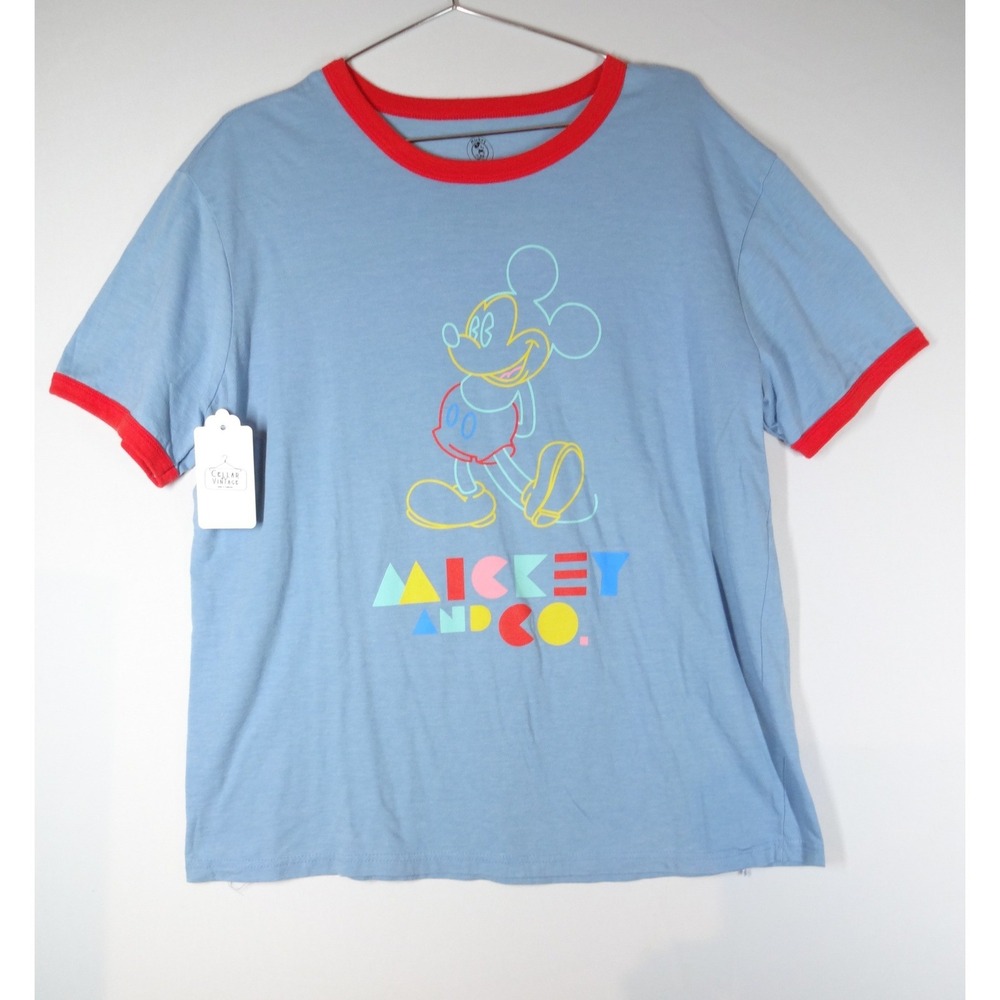 Mickey & Co Ringer Tee Women Large Blue Red Mickey Mouse Retro Disneycore Shirt